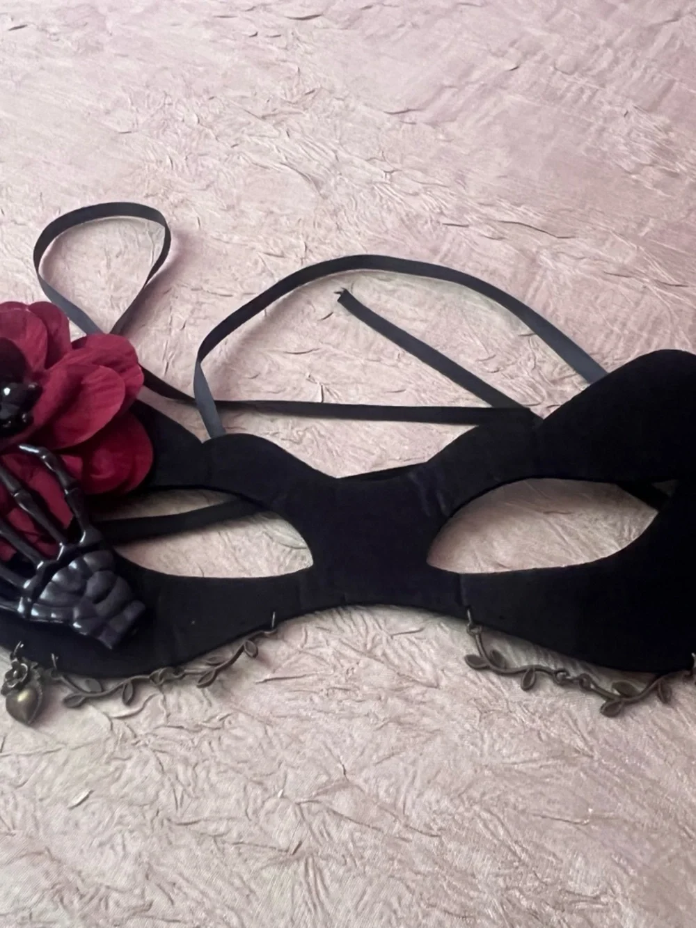 Black Lace Eye Mask Bra with Red Flower Accent - Women's Intimates
